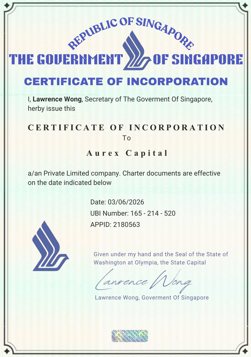 Certificate of Incorporation document in the name of Aurex Capital, dated 03/06/2026