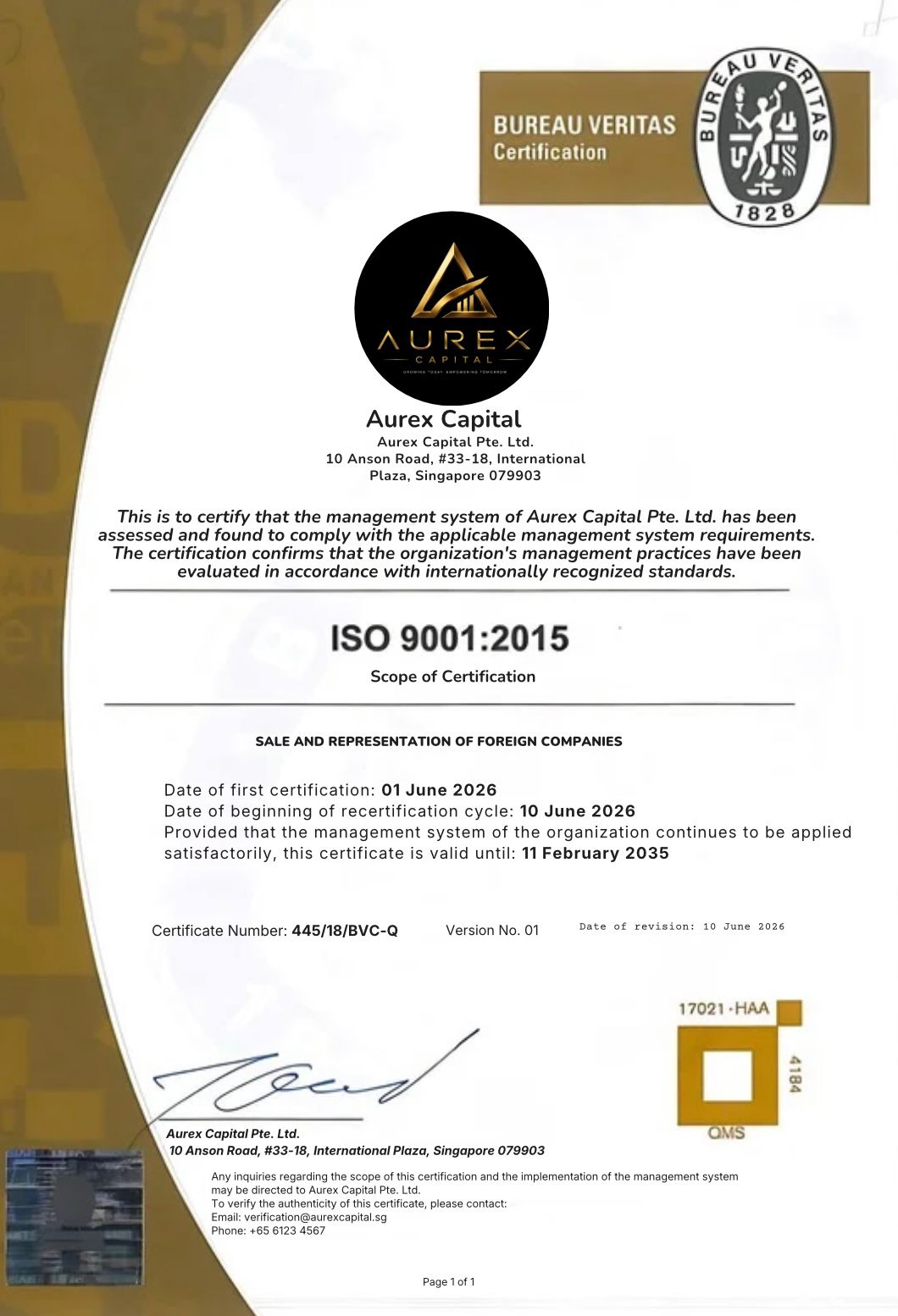 ISO 9001:2015 certificate document in the name of Aurex Capital Pte. Ltd.
